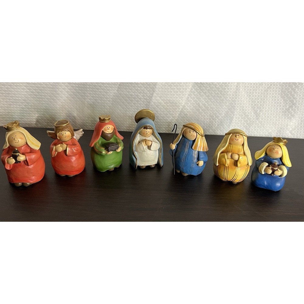 Ceramic Multicolor Nativity Set‎ Mary Joseph Angel Wise Men Shepherd 7 Pc
